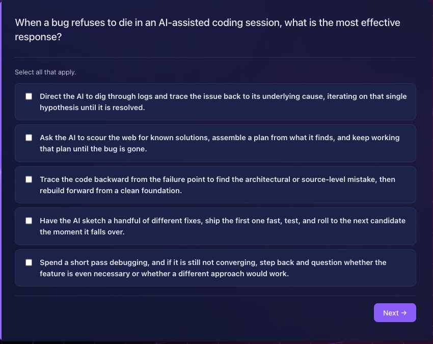 A real quiz question about AI-assisted debugging with five selectable answers